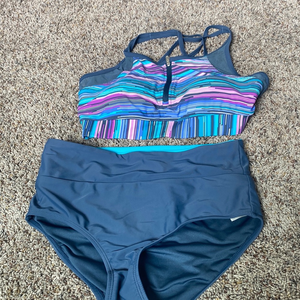 Blue High Waisted Swim Bottoms with Zip Up Multi-Colored Striped Swim Top
